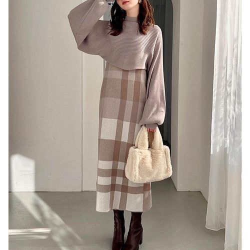 日本 GRL - 優雅簡約格紋針織洋裝-兩件式-氣質米