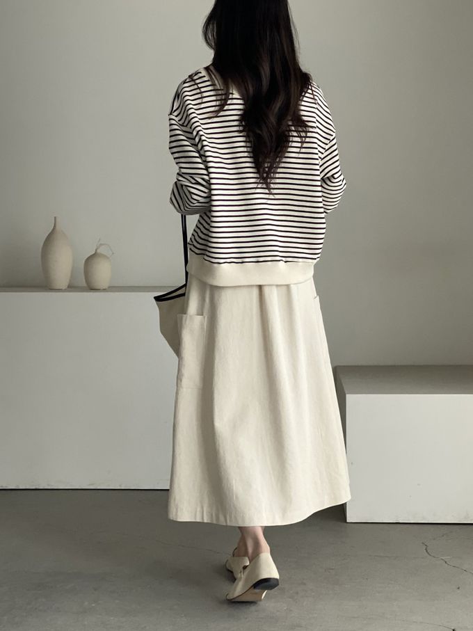 韓國女裝連線 - 假兩件細條紋長袖大學T-米X黑 (FREE)