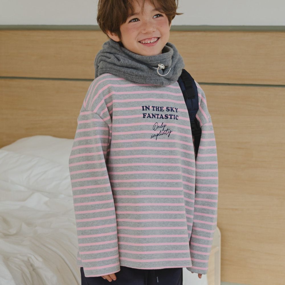 HIKIKI 文字印刷雙色條紋長袖上衣-粉X灰