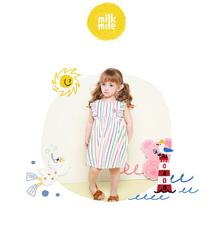 韓國 milk mile - 色線直紋荷葉袖背心洋裝-象牙白