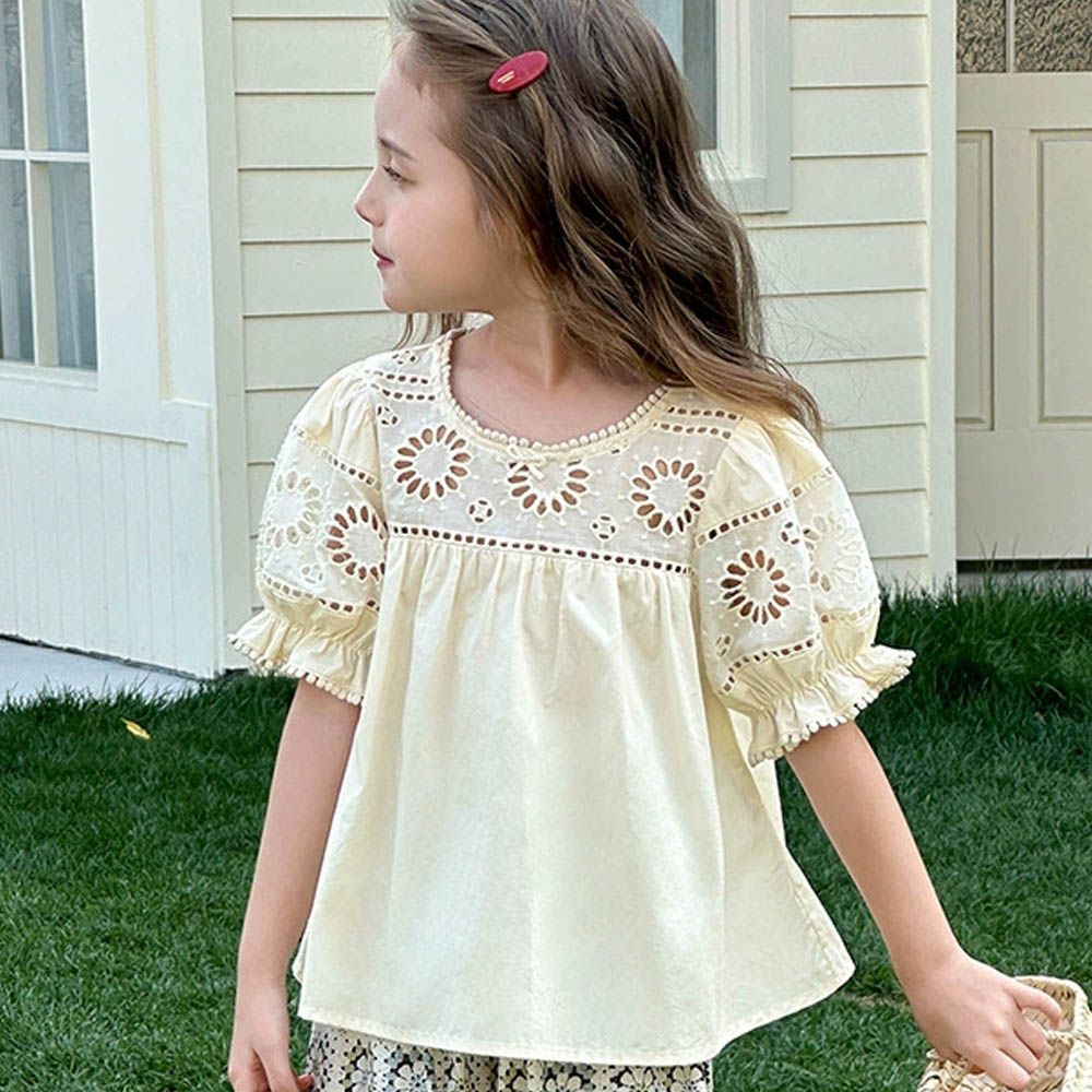 純棉簍空提花泡泡短袖上衣-杏色