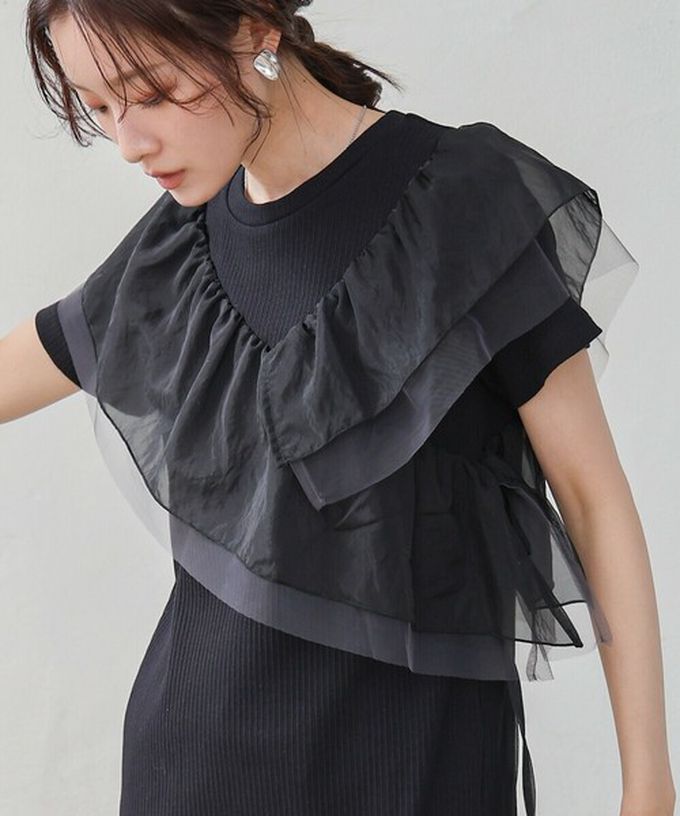 日本 Bab - 不對稱交叉薄紗拼接短袖洋裝-象牙