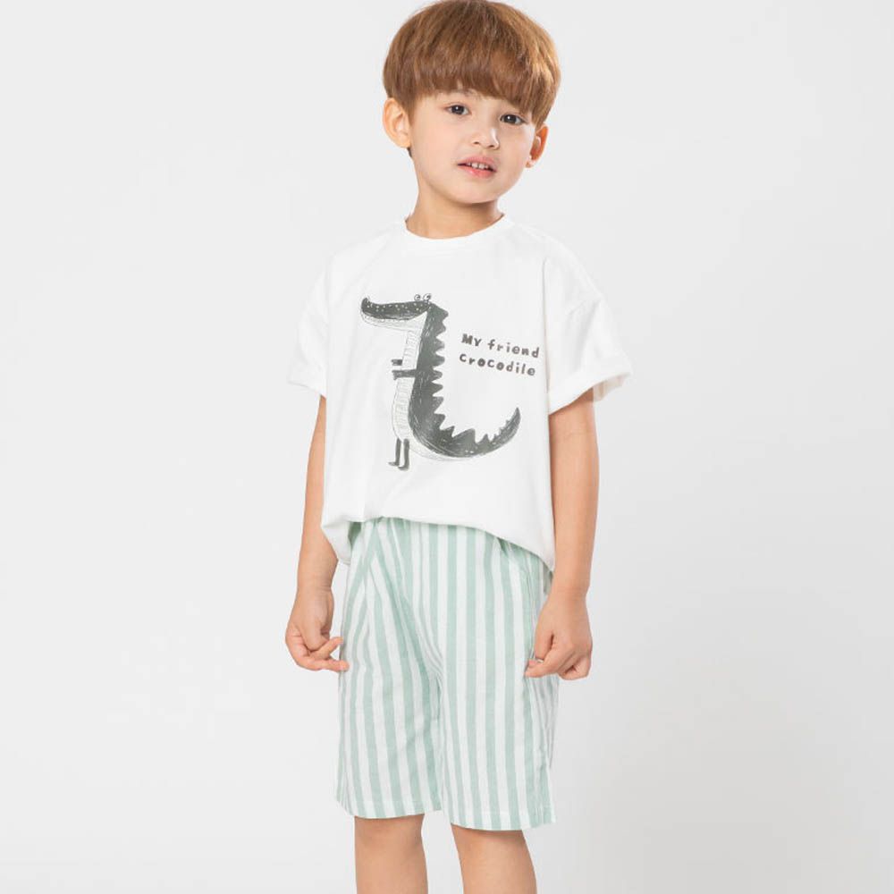 淘氣鱷魚印短袖套裝-白X綠