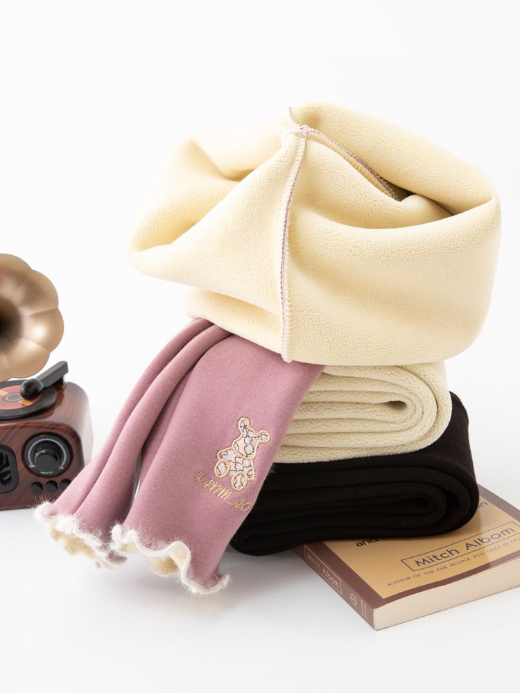 FANMOU - 加絨腰鬆緊保暖內搭褲-可愛熊熊-粉紅色