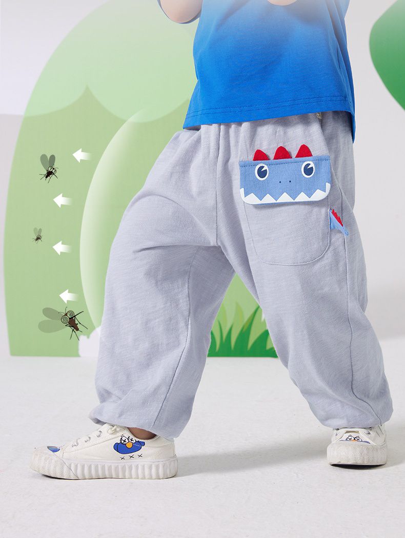 純棉立體圖樣束口長褲/防蚊褲-調皮恐龍-藍灰色