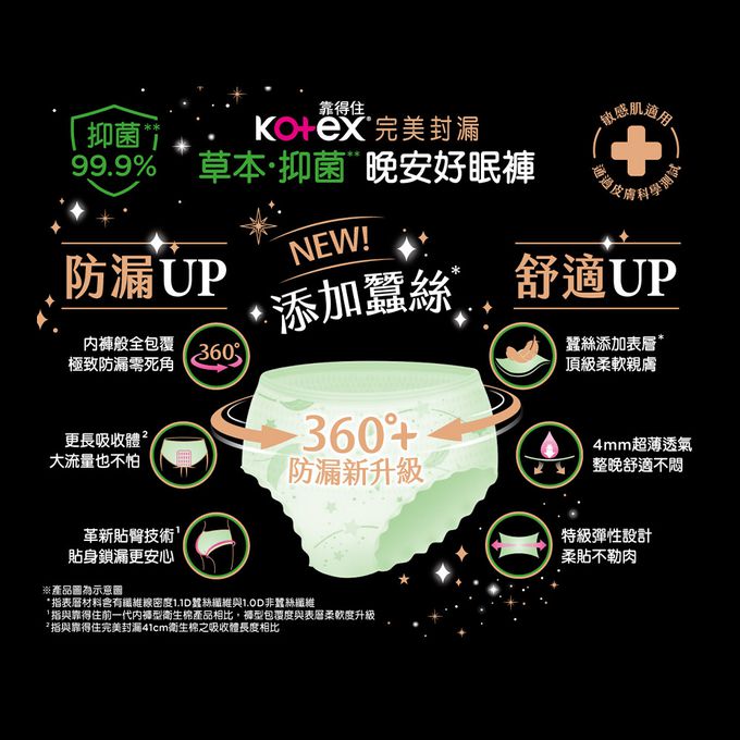 Kotex  靠得住 - 抑菌好眠褲(褲型衛生棉)M號 (2件/包)x16包/箱