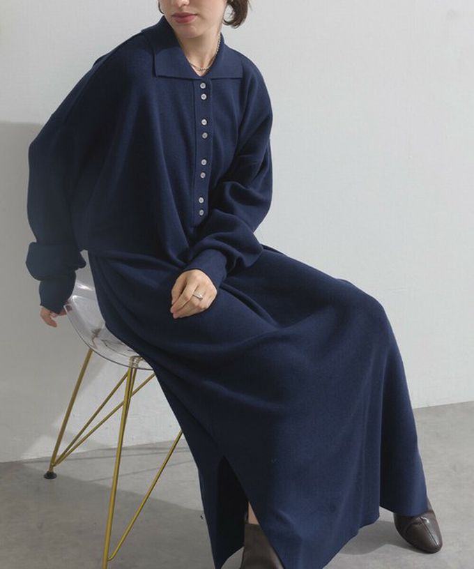 日本 Lupilien - 氣質排扣polo衫針織長袖洋裝-灰