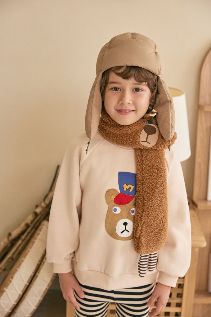 韓國 Mimico - (內磨毛)動物印圓領大學T-狐狸-芥黃