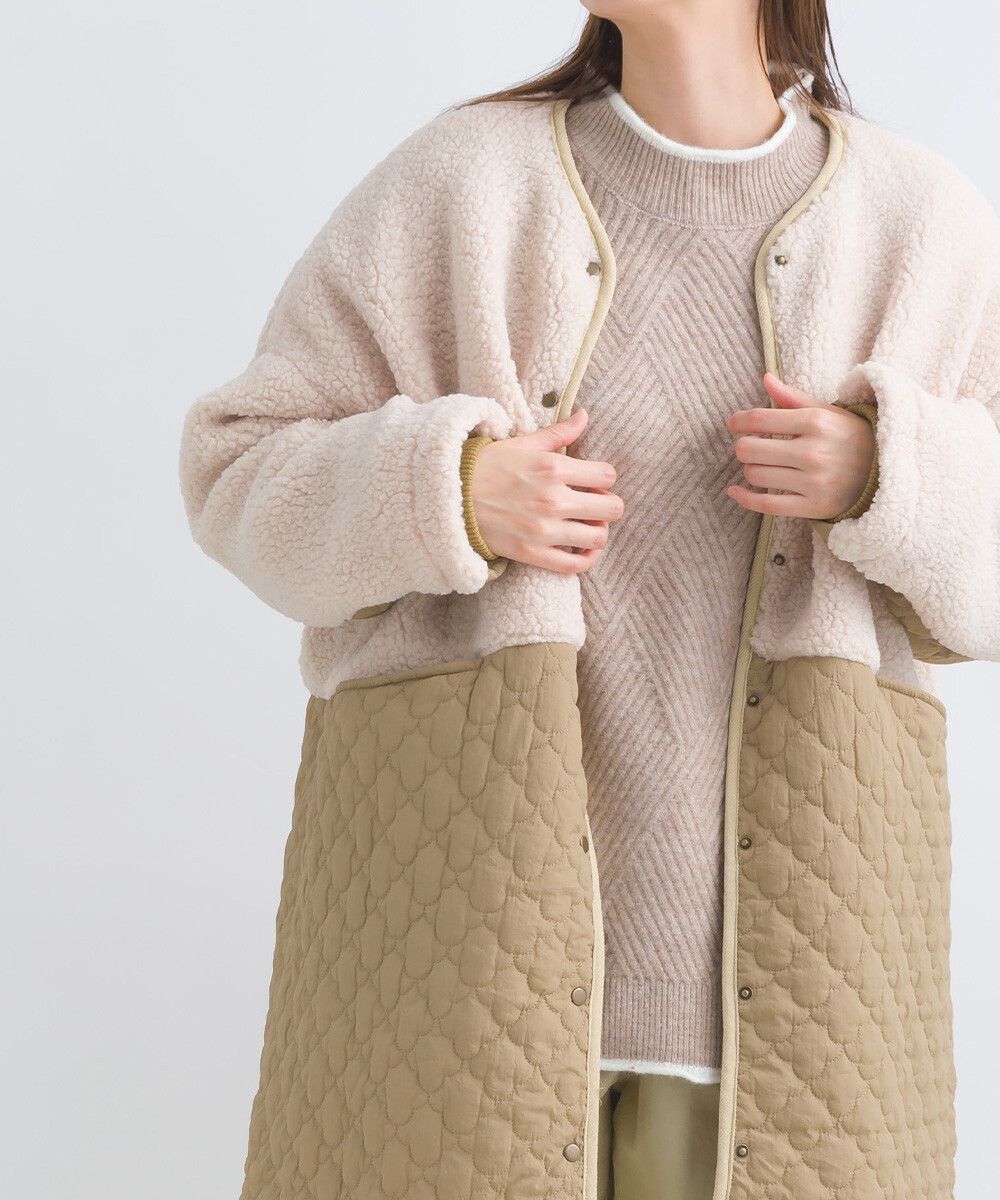 日本女裝代購 - 毛茸雲朵絎縫拼接長版鋪棉外套-軍綠