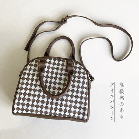 日本 Chepeli - 2way仿皮迷你波士頓手提包/側背包-100. 格紋圖騰咖啡 (18x23x10cm)