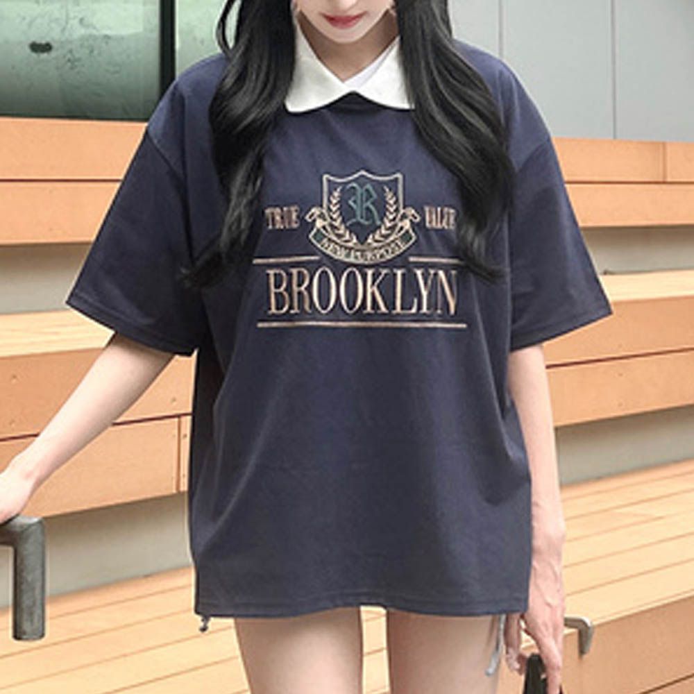 學院風徽章印花寬五分袖上衣-海軍藍 (F)