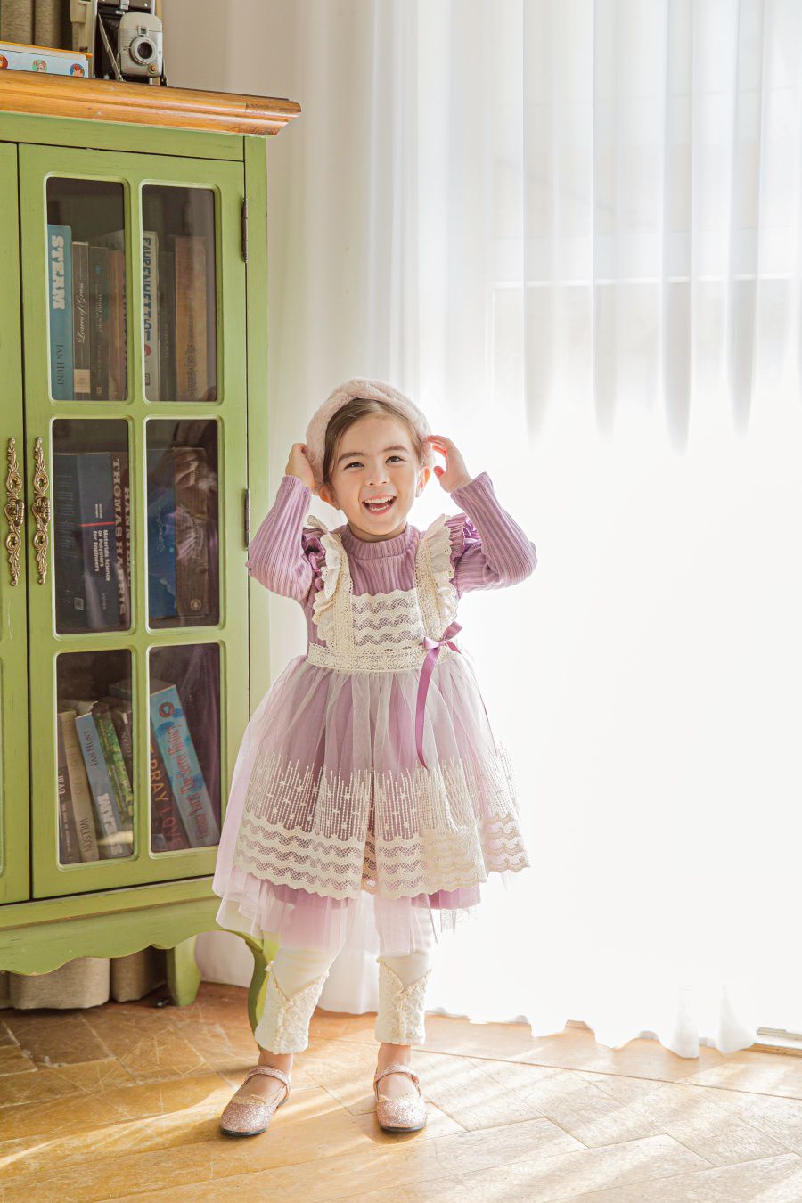 韓國 mari an u - (裏起毛)假蕾絲圍裙立體領網紗洋裝-薰衣紫