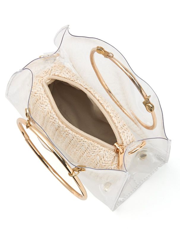 日本 GRL - 金屬圓環把手透明子母手提包/側背包-杏 (F)