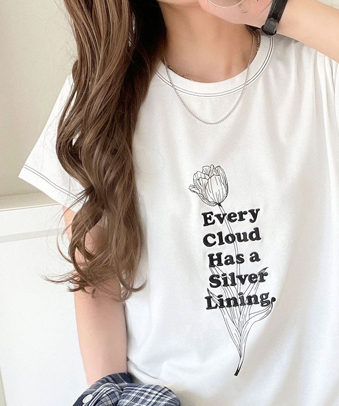 日本 Classical Elf - 花朵標語刺繡短袖上衣-白