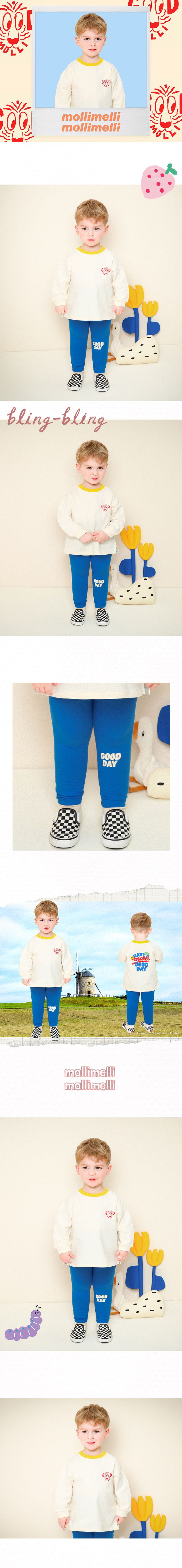 韓國 mollimelli - GOOD DAY文字印長袖套裝-米X寶藍