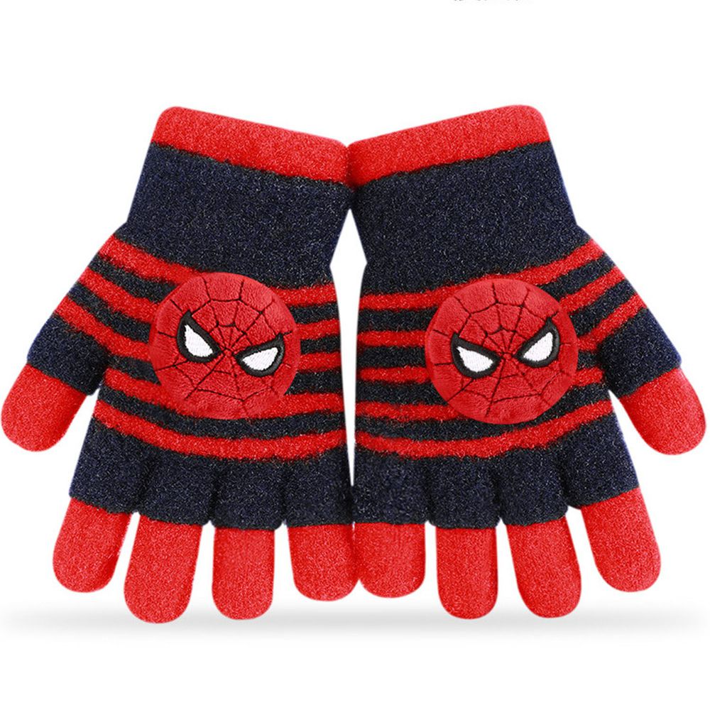 編媽推薦 - 迪士尼卡通五指保暖手套-橫條紋蜘蛛人-藏藍x紅色 (5-10歲)