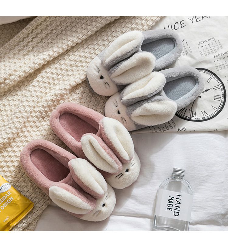 毛毛保暖室內拖鞋-大耳朵兔子-淡粉色