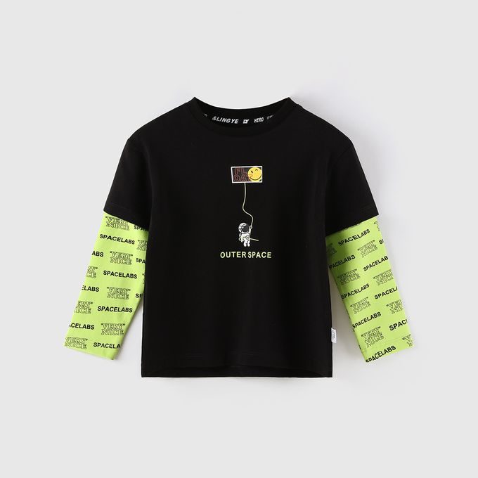 圓領假兩件長袖上衣-漂浮太空人-黑+螢光綠色