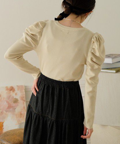 日本 Bou Jeloud - 高雅羊腿袖針織上衣-淺卡其