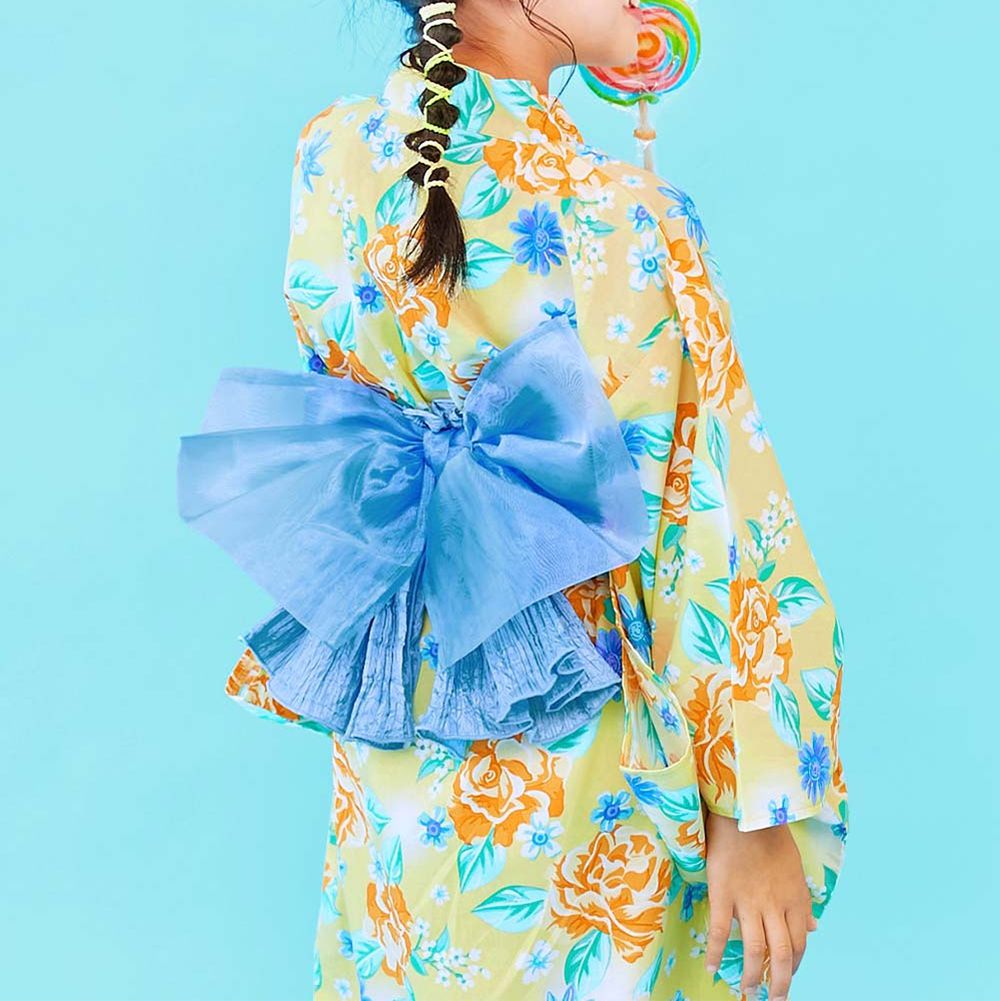 純棉方便穿套頭式夏日夢幻浴衣(2件組)-浪漫玫瑰-黃x藍