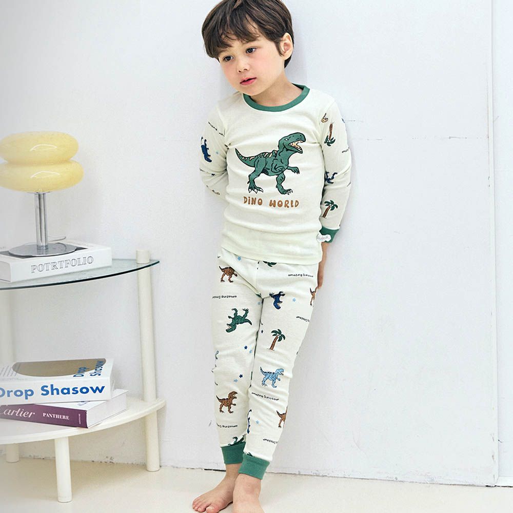 細緻柔棉彈性長袖家居服-暴龍世界-米