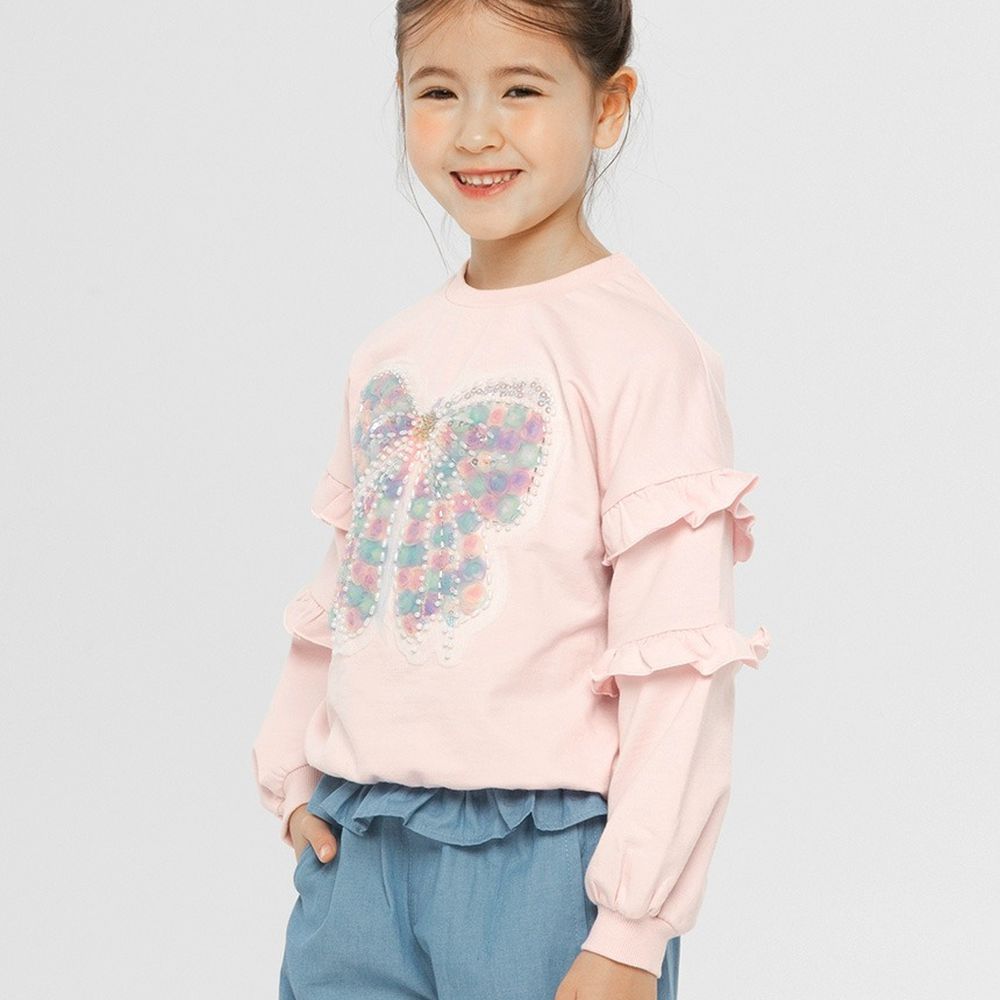 繽紛網紗玫瑰珠飾蝴蝶結荷葉邊袖大學T-淺粉