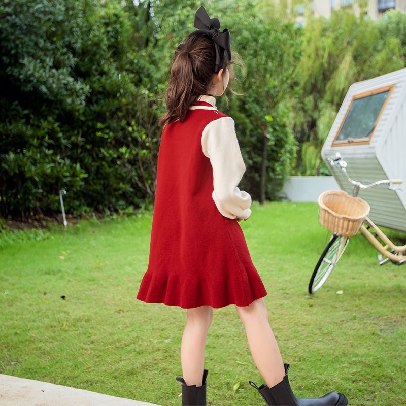 假兩件V領泡泡袖毛衣連身裙-黑色