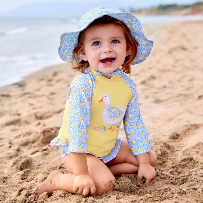 英國 JoJo Maman BeBe - 兩件式泳裝+防曬護頸遮陽帽-夏日檸檬鴨_JJH9580+夏日檸檬_JJH3972