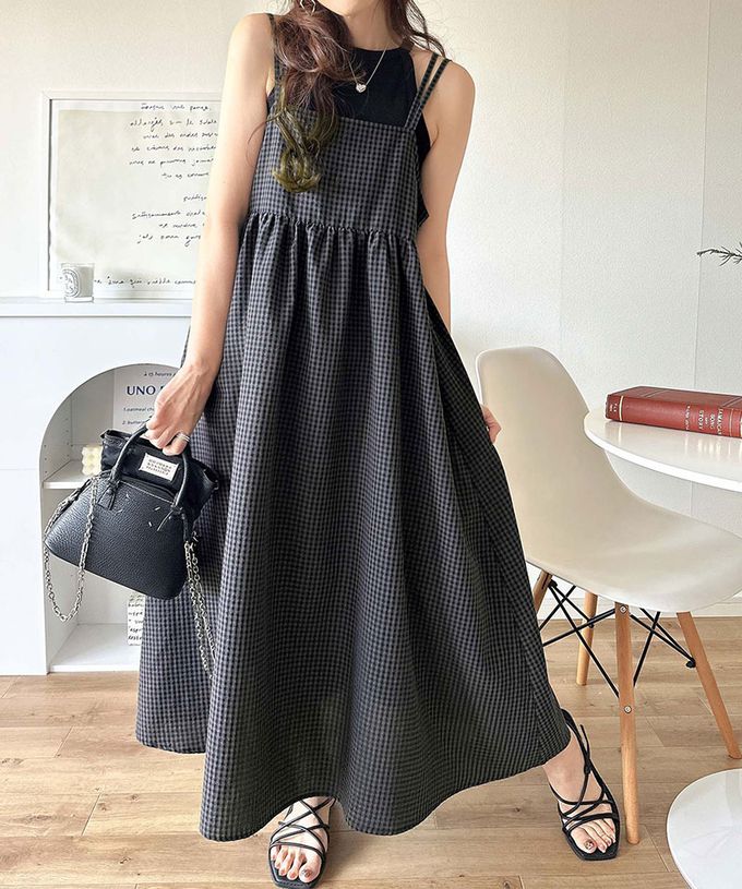 日本 Classical Elf - 成熟可愛感後綁帶吊帶洋裝-格子-灰黑