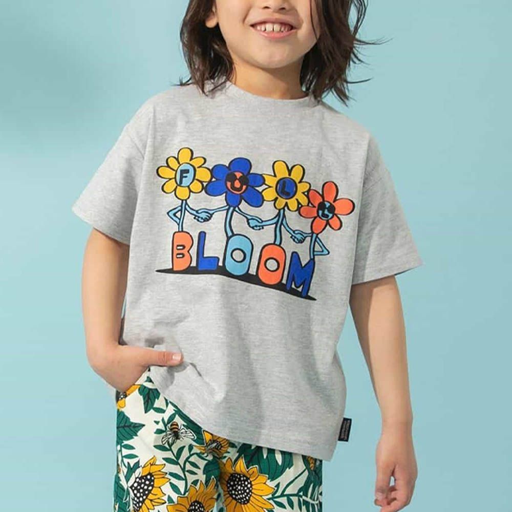 美式復古海報印花T恤-牽手小花-灰