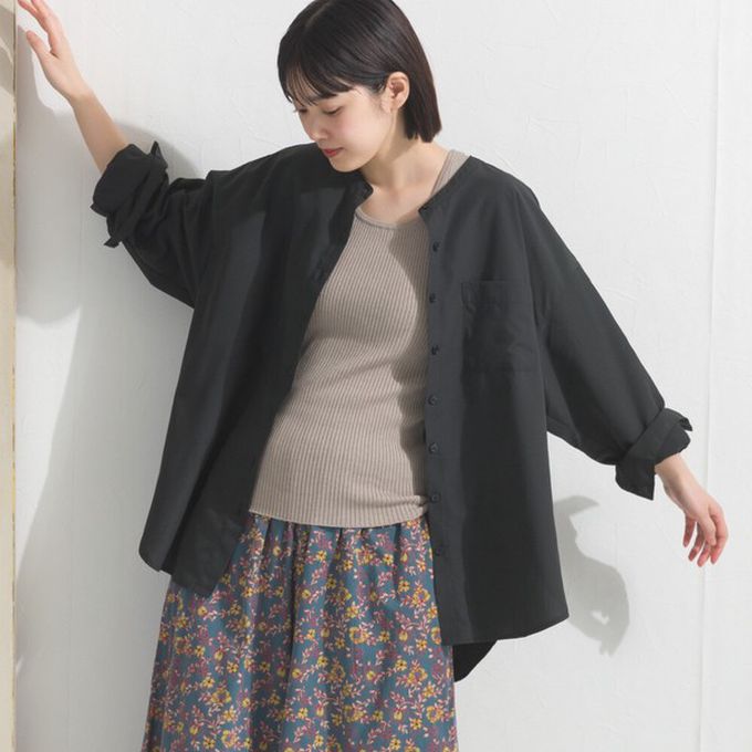 日本 OMNES - 柔滑科技棉 小立領長袖襯衫-條紋-藍