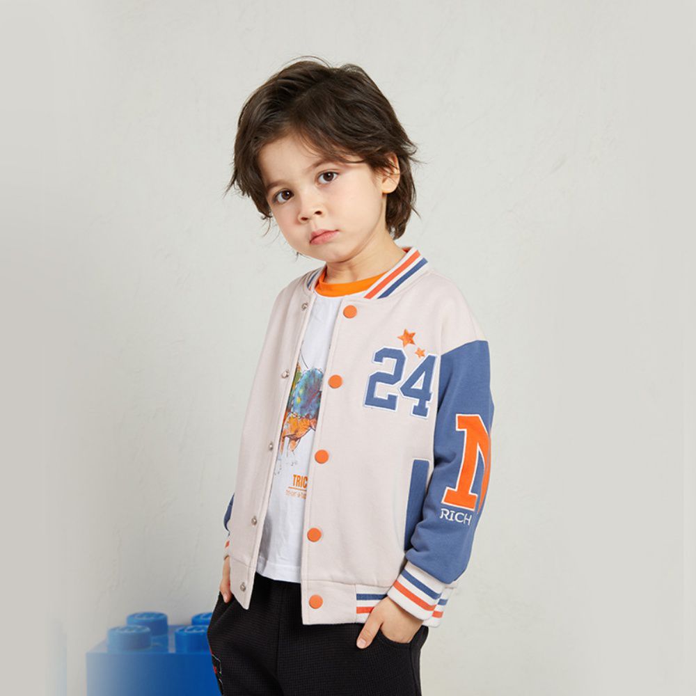 童趣拼色棒球外套-數字24-霧藍+杏