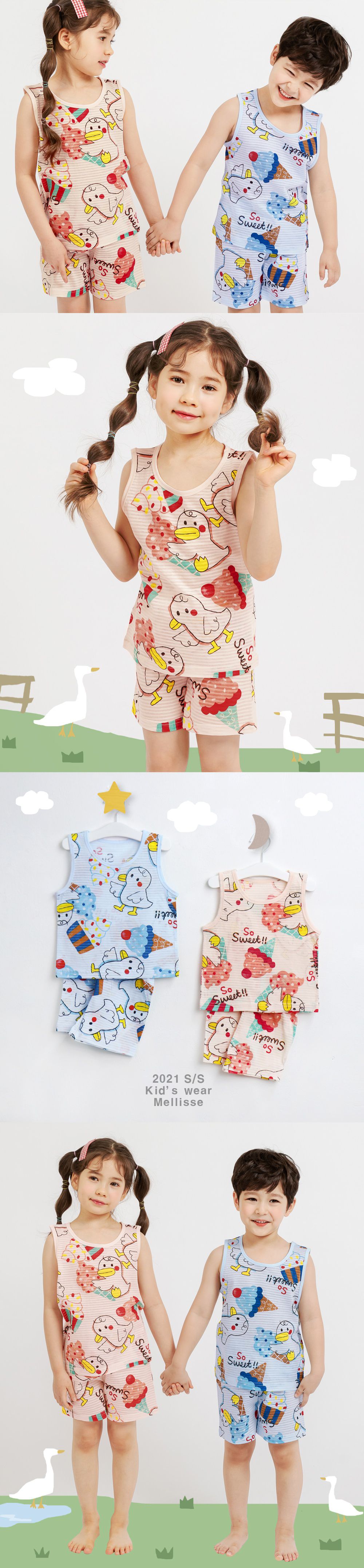 韓國 Mellisse - 韓製輕薄透氣無袖家居服(無螢光棉)-鴨鴨愛吃冰淇淋-粉紅