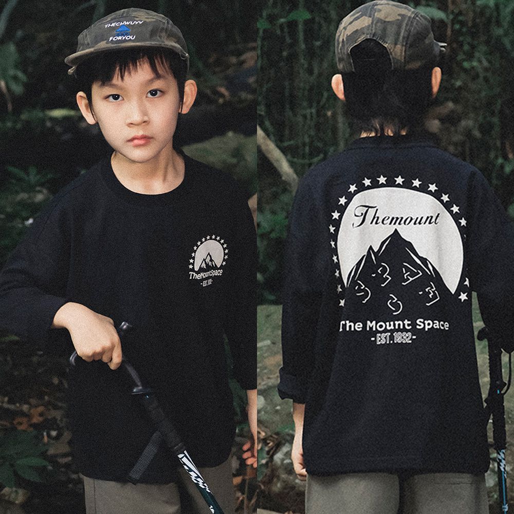 純棉圓領長袖上衣-簡約雪山-黑色