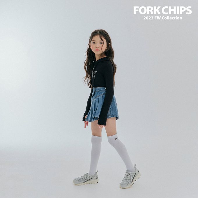 韓國 FORK CHIPS - 鬆緊腰不對稱百褶丹寧褲裙
