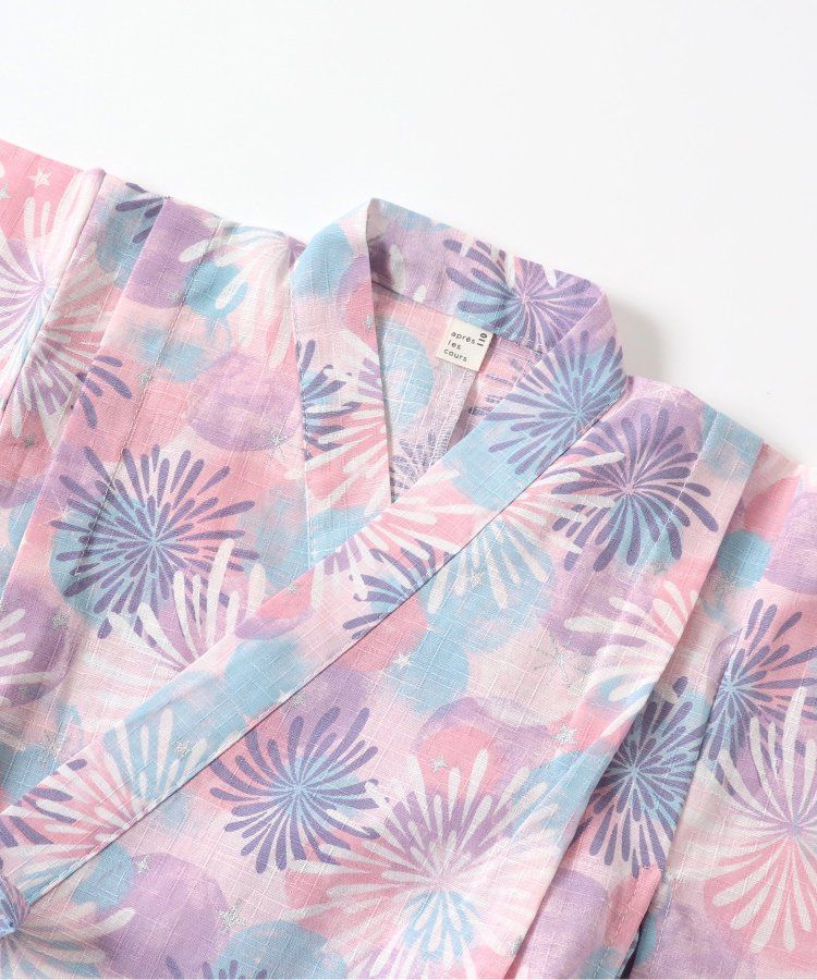 日本 apres les cours - 華麗腰帶風純棉二件式浴衣-椿花-紅藍條紋