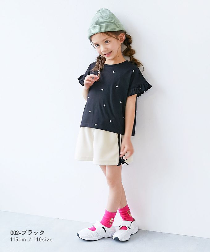 日本 devirock - 愛心印花荷葉邊短袖上衣-黑