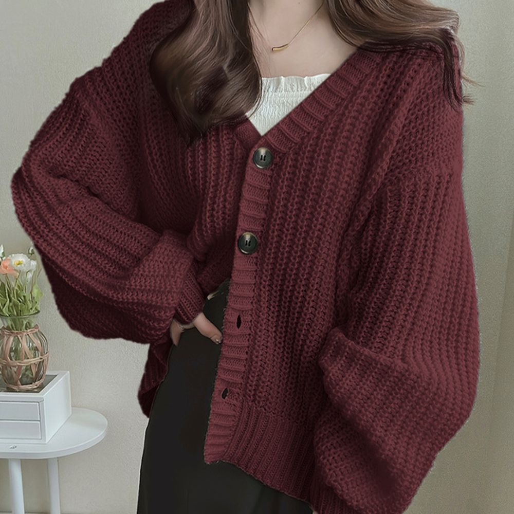 文青風粗針織V領開襟衫/外套-酒紅 (F)