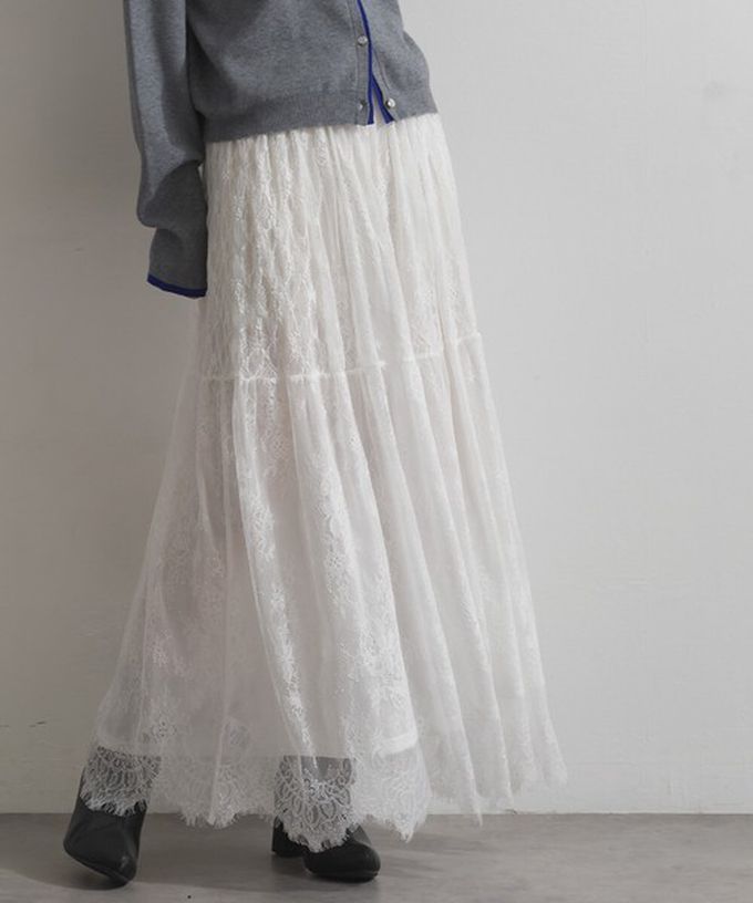日本 ELENCARE DUE - 奢華睫毛蕾絲飄逸長裙(2件式)-白