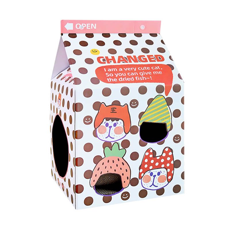 瓦愣紙製造型貓抓屋-草莓牛奶盒-粉色 (38.7x32x32.5cm)