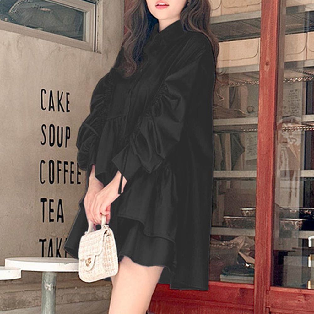 時尚抽繩荷葉擺襯衫領短洋裝-經典黑 (F)