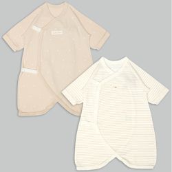 akachan honpo - 長袖蝴蝶裝2件組-點點 橫紋-淺卡其色 (50~60cm)