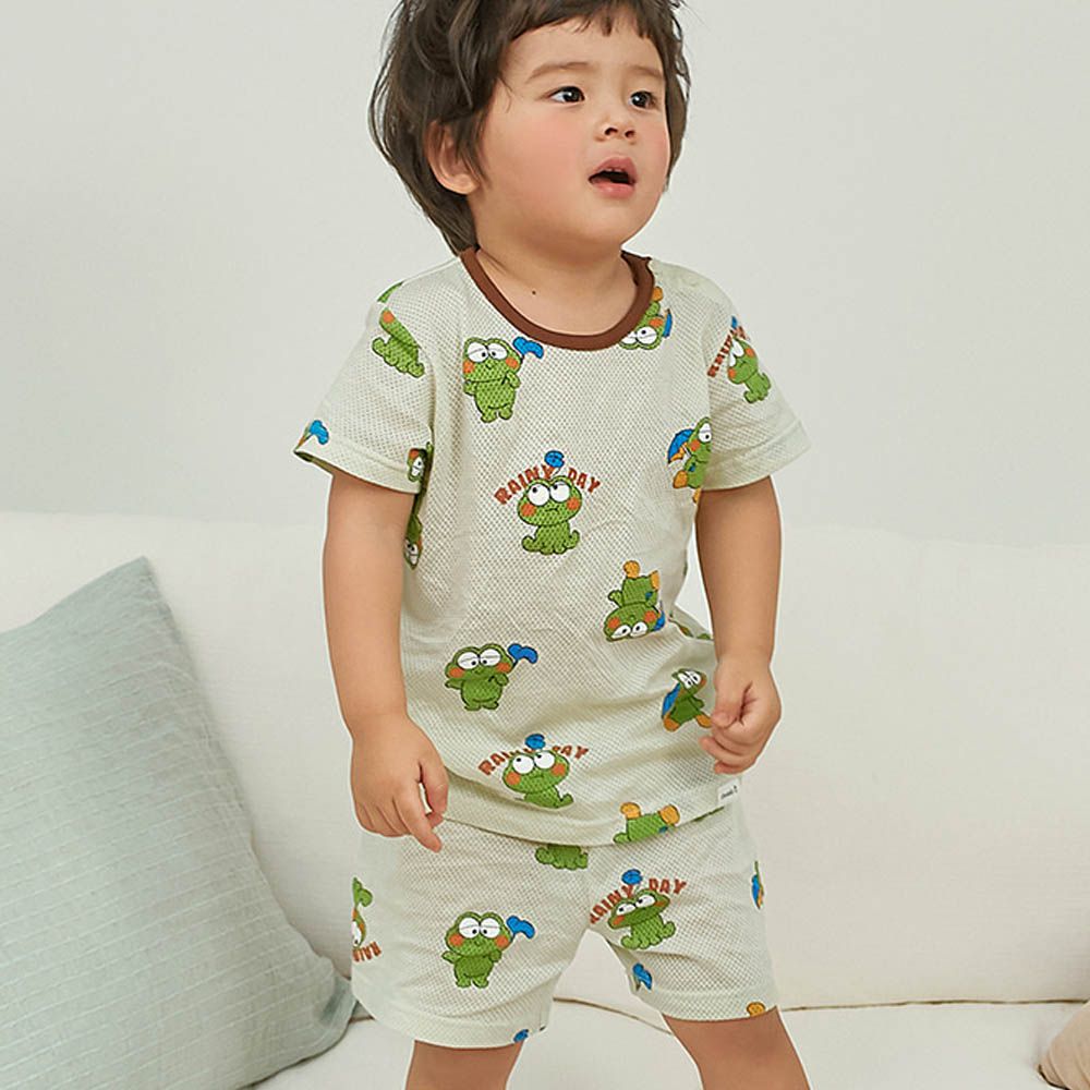 透氣網眼洞洞短袖家居服/睡衣-雨天青蛙-淺綠