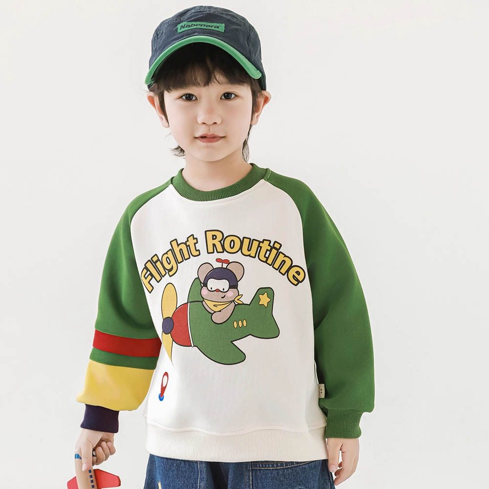 撞色拼袖大學T/長袖上衣-飛行員-米色