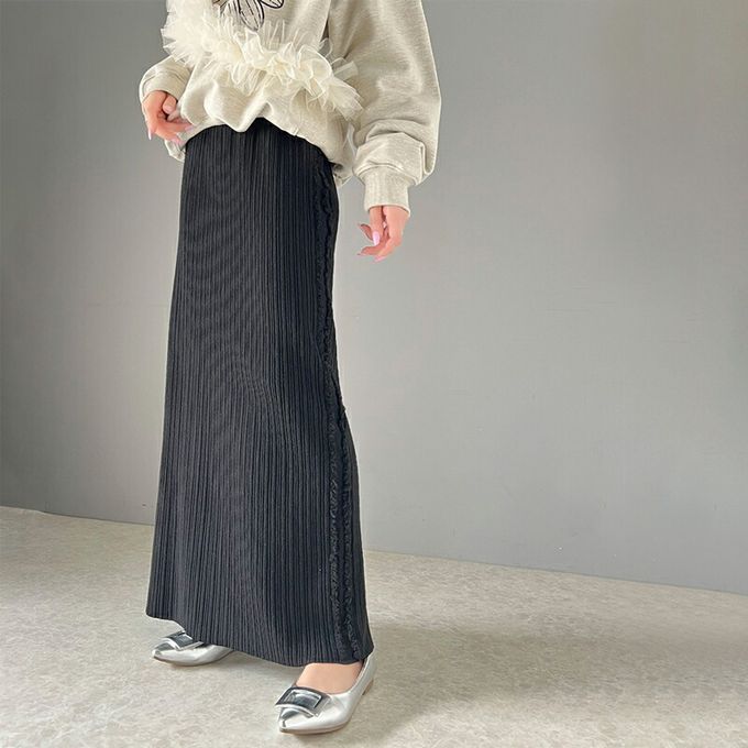 日本 Classical Elf - mily bilet 羅紋修身側流蘇針織長裙-象牙米