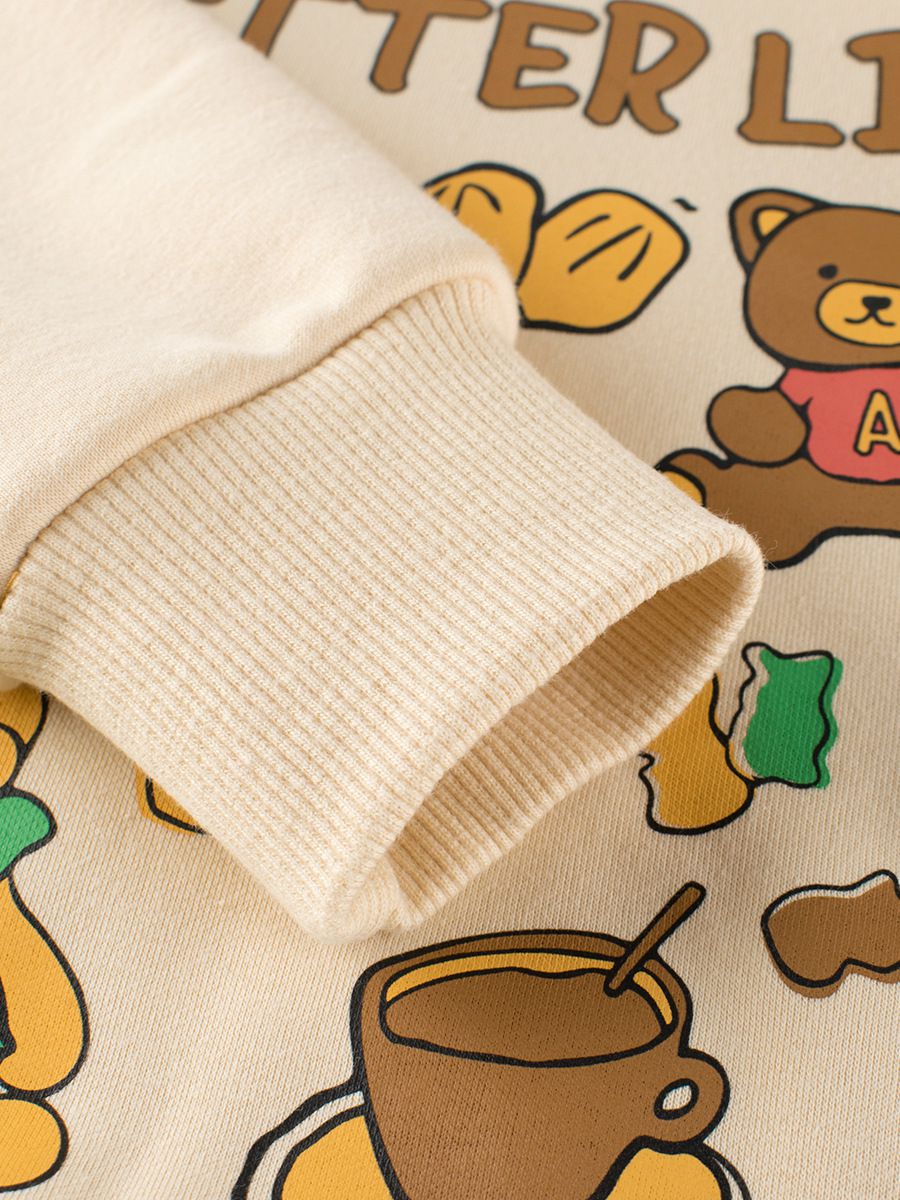 加絨圓領長袖上衣/大學T-野餐熊熊-杏色