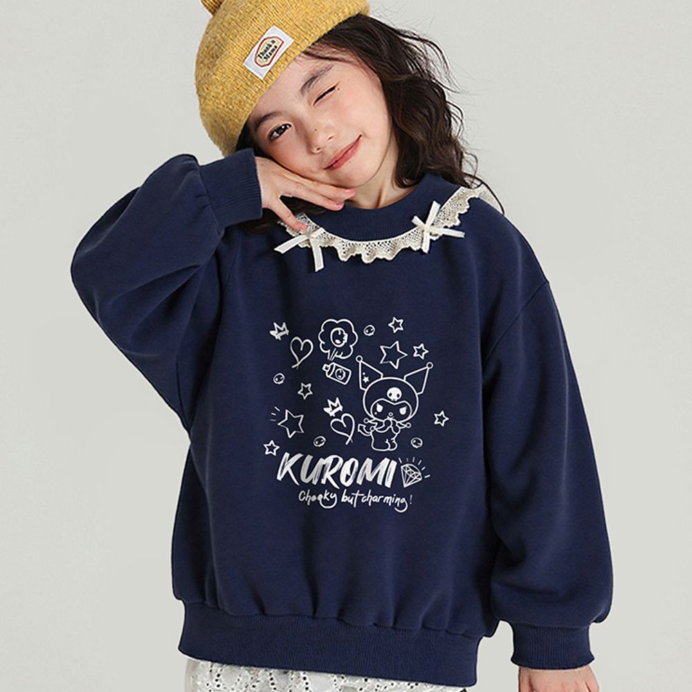 加絨蕾絲花邊領長袖上衣/大學T-卡通人物酷洛米-藏青