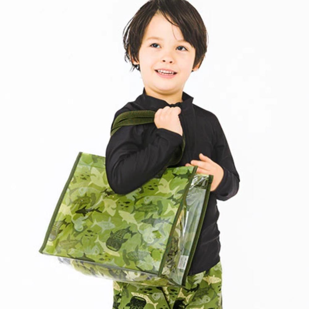 日本 ZOOLAND - 防水PVC手提袋/游泳包-迷彩鯊鯨-軍綠 (25x34cm)
