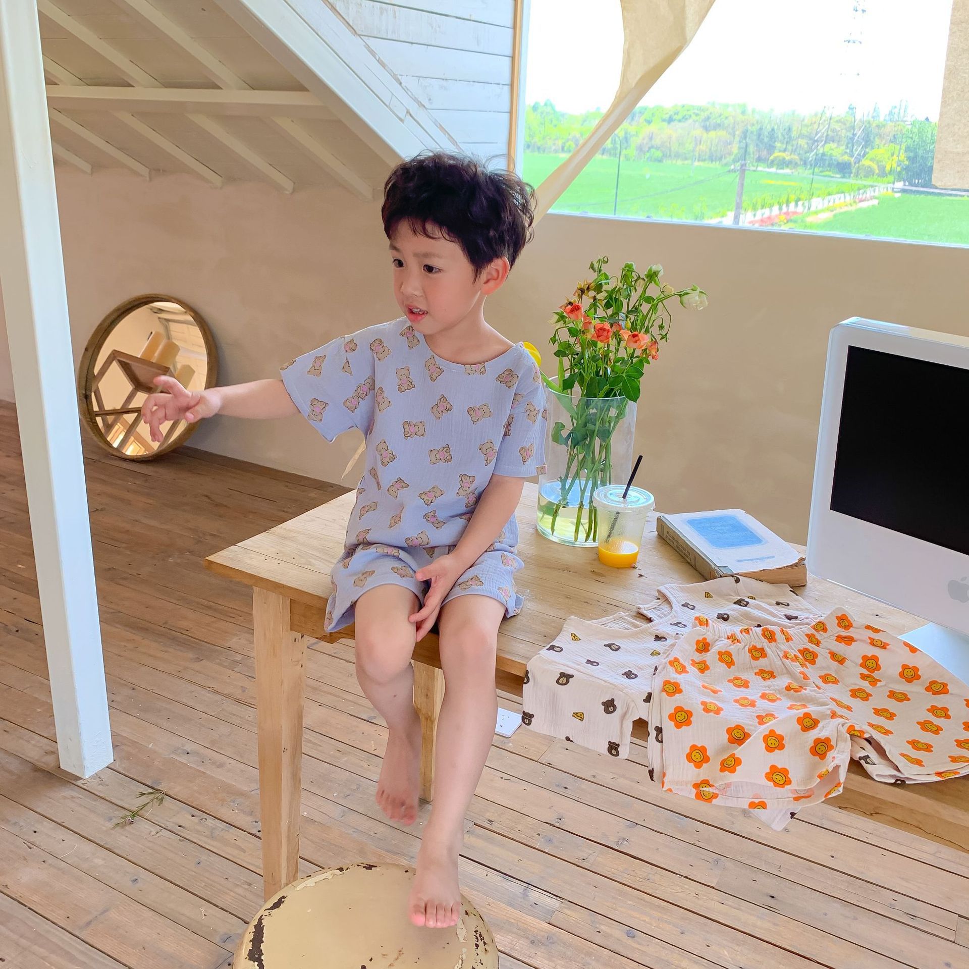 紗布棉短袖家居服套裝-小碎花-奶油色