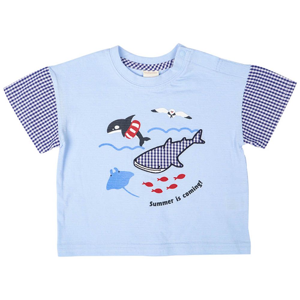 短袖T恤 格紋袖-幼兒-淺藍色